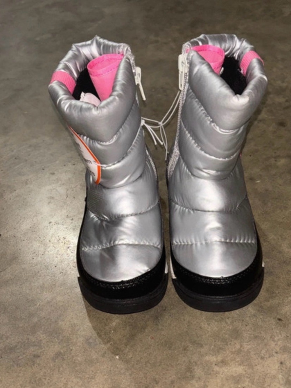 wonder nation Silver Puffer Kids Snow Boots with Pink Lining